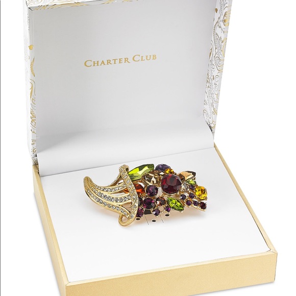 Metallic Gold-tone Crystal Cornucopia Pin - Picture 2 of 4